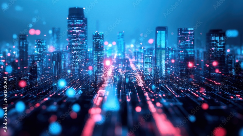 Obraz premium Futuristic city skyline with vibrant lights and digital elements, showcasing advanced technology and urban innovation.