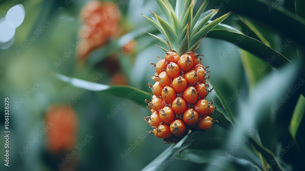 Vibrant pineapple cluster surrounded by lush green leaves. Vibrant pineapple cluster surrounded by lush green leaves.