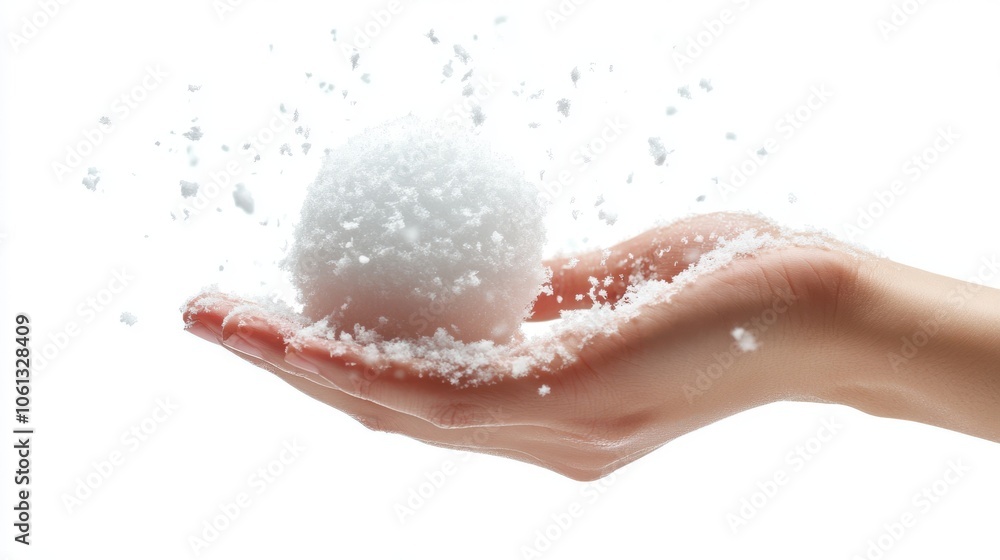 Fototapeta premium A pair of hands holding a snowball mid-throw, ready for a snowball fight, symbolizing playful winter sports, isolated on a clean white background.
