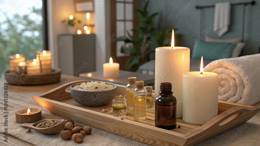 Aromatherapy candles and essential oils on a wooden tray in a serene spa bathroom setting Aromatherapy candles and essential oils on a wooden tray in a serene spa bathroom setting