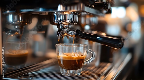 Fresh espresso being brewed into a glass cup.