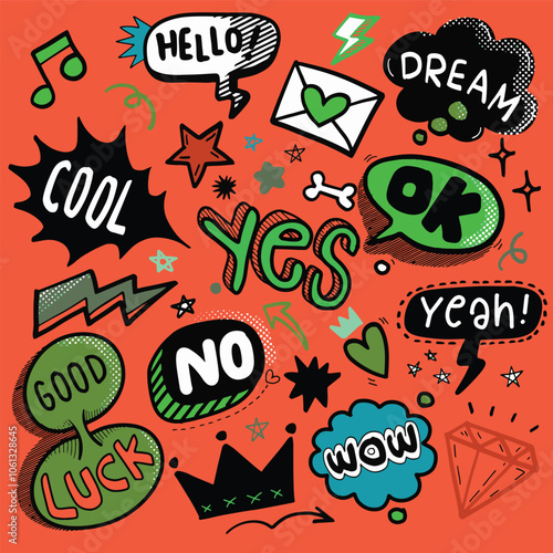 Hand Drawn Positive Expression Doodle Icons Isolated on Orange Background