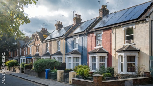 Colorful Victorian terraced houses in the UK featuring solar panels on their roofs, blending traditional architecture with sustainable technology. Eco-friendly design concept