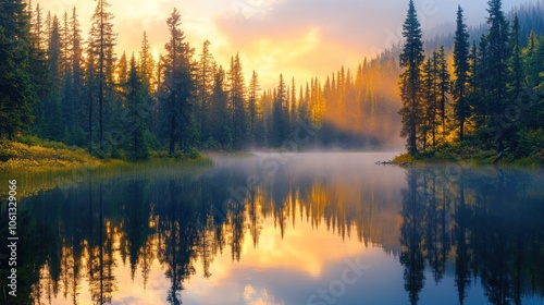 Serene lake reflecting trees and sunrise in a misty landscape.