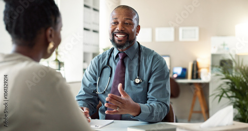 Bild auf Leinwand Conversation, healthcare and smile of doctor with patient in office at hospital for consulting or discussion