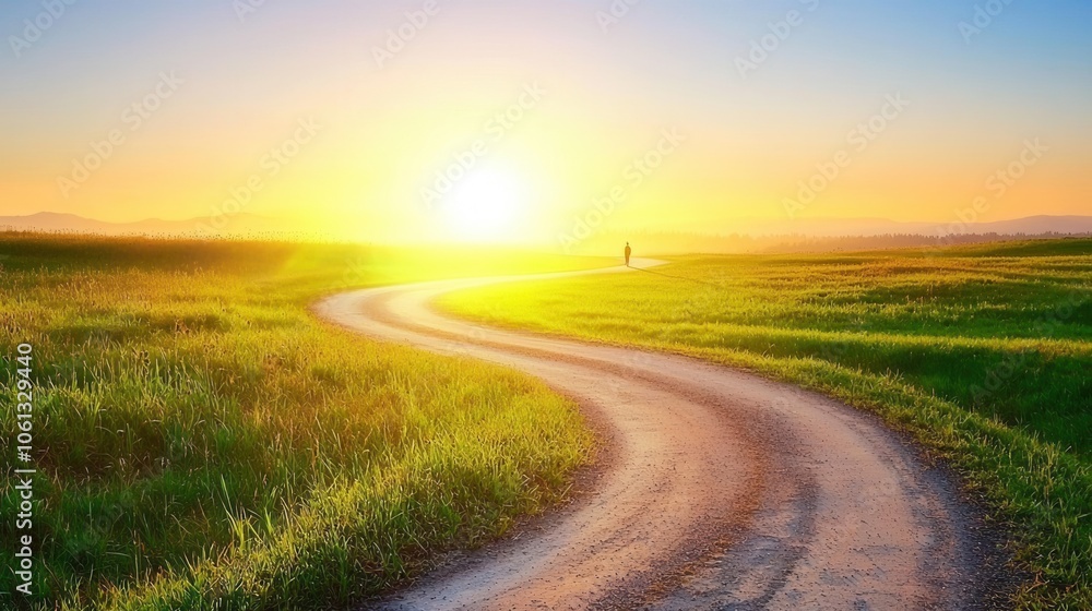 A winding path through lush green fields under a vibrant sunrise, evoking a sense of adventure and tranquility. A winding path through lush green fields under a vibrant sunrise, evoking a sense of adventure and tranquility.