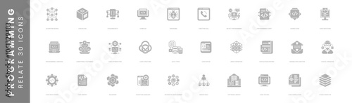 Programming related Set icon, Code Block, Function Call, Algorithm Design, Code Brackets, Compiler, Debugging, Source Code, Programming Script, Object-Oriented Programming, Code Execution, Programming