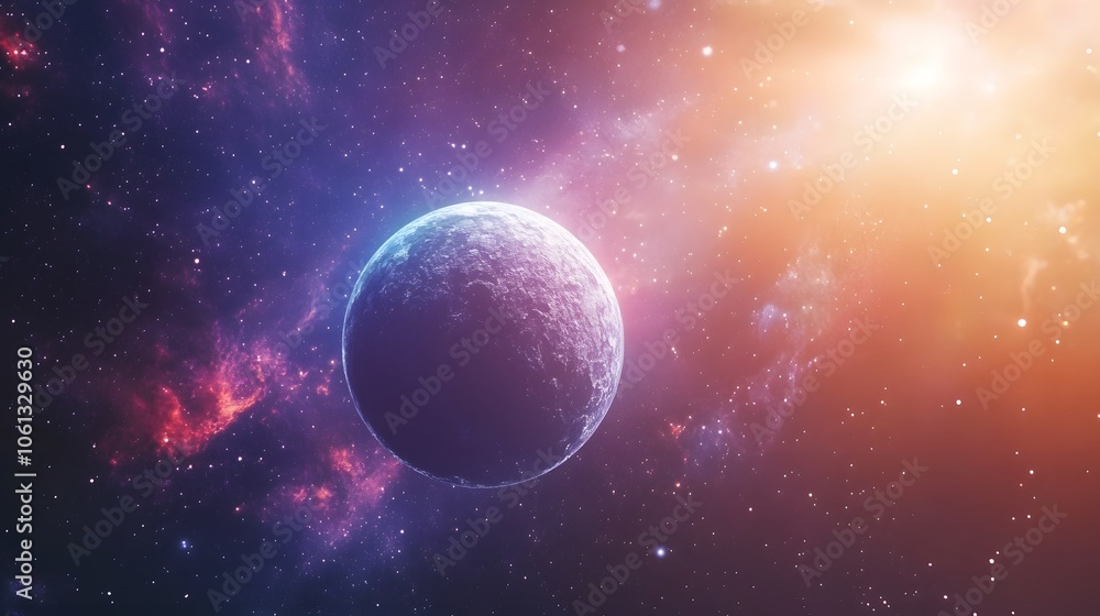 A vibrant view of a distant planet in a colorful cosmic landscape. A vibrant view of a distant planet in a colorful cosmic landscape.
