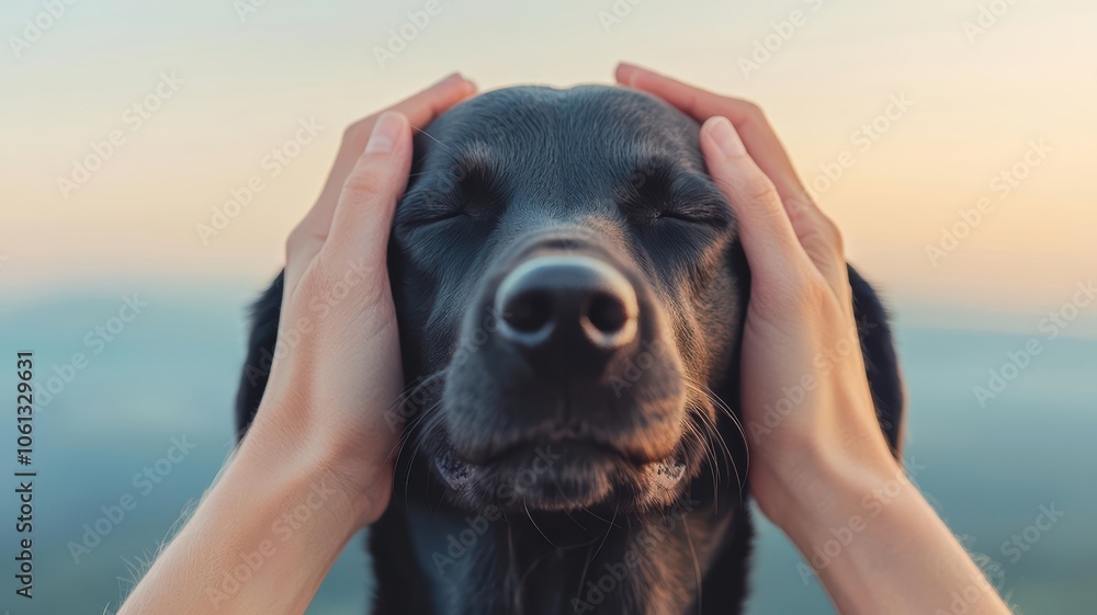Close-up of a person and dog sitting together at sunset, their hands and paws touching, symbolizing deep companionship and connection
