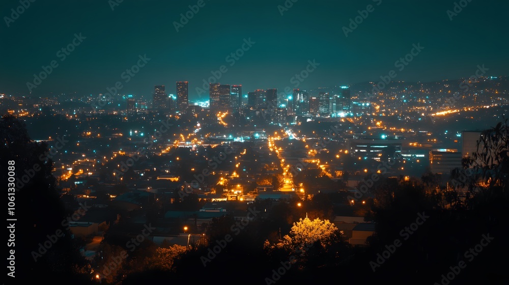 Fototapeta premium Stunning night view of a city skyline with bright lights and an artistic glow.