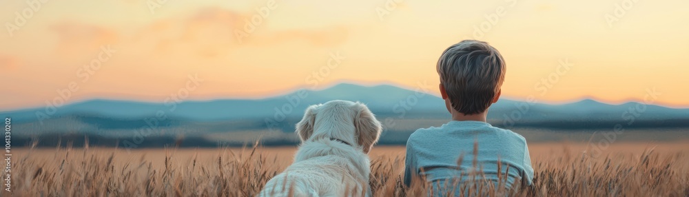 Fototapeta premium A child lying in a meadow with a dog by their side, looking at the sky, symbolizing comfort and well-being