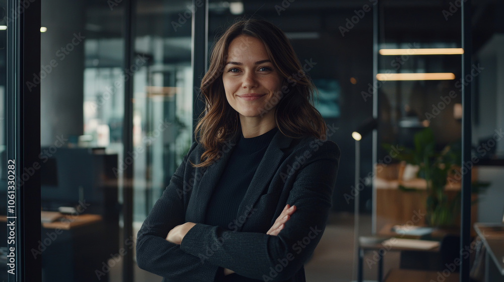 Businesswoman in suit crossed arms in office confident smile professional finance investment insurance work background with copy space Businesswoman in suit crossed arms in office confident smile professional finance investment insurance work background with copy space