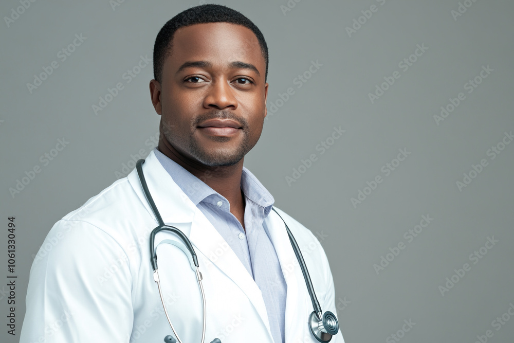 Photo of smiling doctor on grey background Photo of smiling doctor on grey background