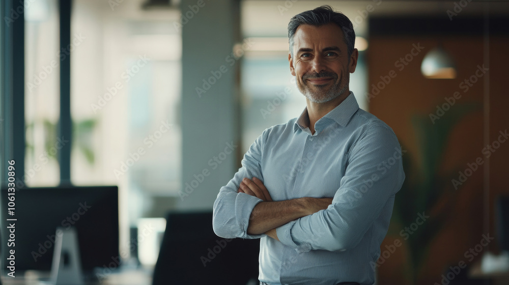 Businessman in suit crossed arms in office confident smile professional finance investment insurance work background with copy space Businessman in suit crossed arms in office confident smile professional finance investment insurance work background with copy space