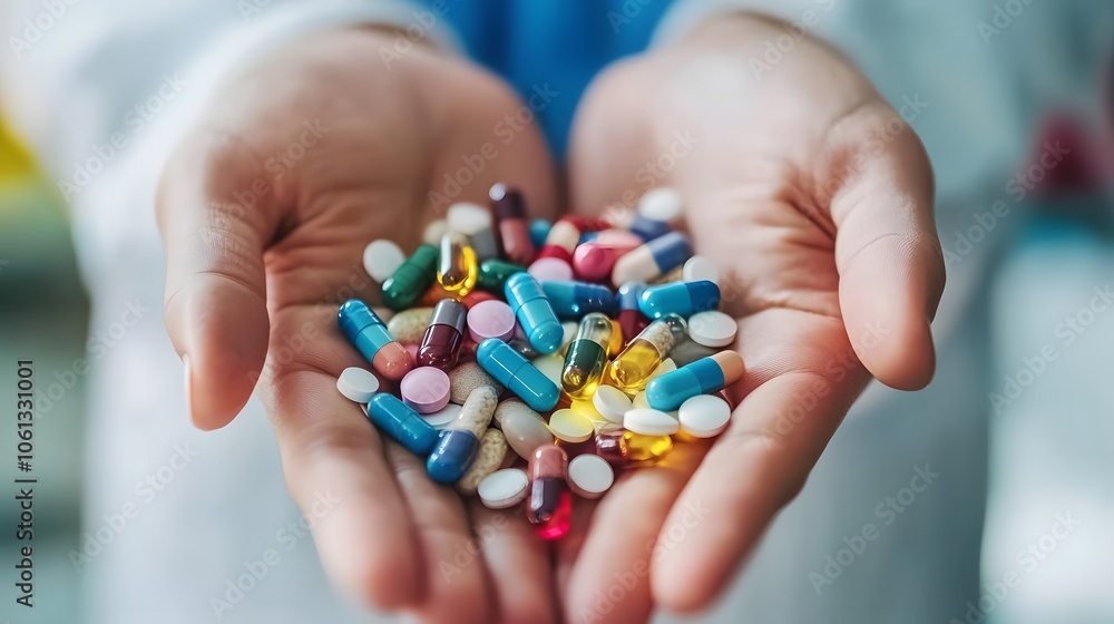 Hands holding a variety of colorful capsules and pills, representing health and wellness. Hands holding a variety of colorful capsules and pills, representing health and wellness.