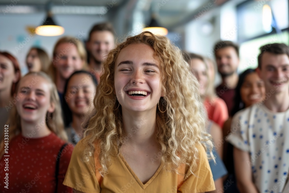Portrait of smiling young woman standing in front of group of happy people Portrait of smiling young woman standing in front of group of happy people