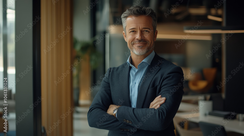 Businessman in suit crossed arms in office confident smile professional finance investment insurance work background with copy space Businessman in suit crossed arms in office confident smile professional finance investment insurance work background with copy space