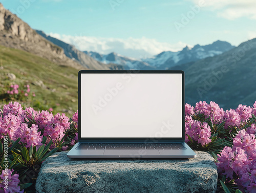 Aesthetic Clean Graphic White Blank laptop screen display template with wood and Floral Accent