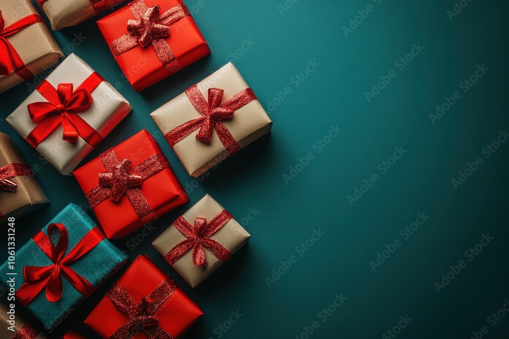 Several wrapped presents are arranged on a blue surface Several wrapped presents are arranged on a blue surface