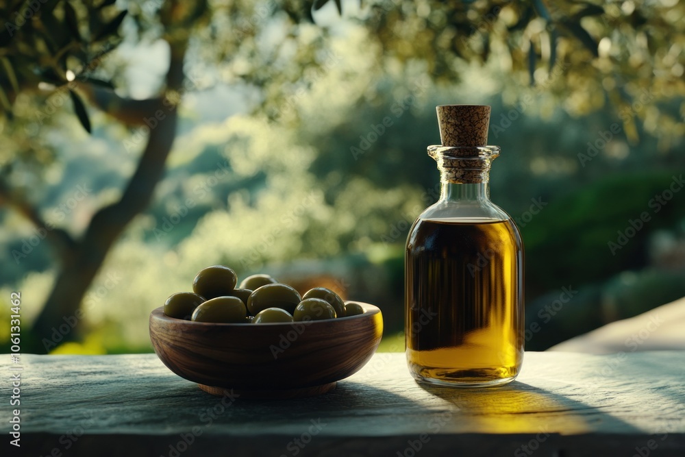 Olive Oil with Fresh Olives on Rustic Table Olive Oil with Fresh Olives on Rustic Table