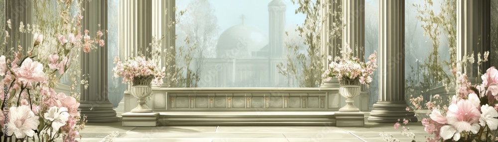 Fototapeta premium A serene architectural scene with columns, flowers, and a distant dome, evoking tranquility.