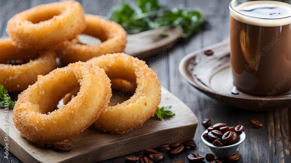 A plate of fried doughnuts sits on a wooden table next to a cup of coffee A plate of fried doughnuts sits on a wooden table next to a cup of coffee