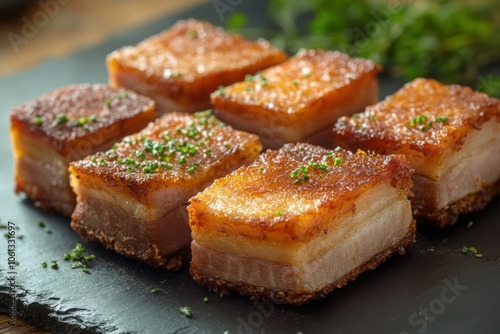 Crispy Pork Belly Bites on Slate Plate