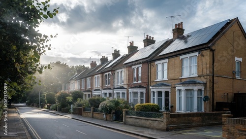 Row of Colorful Victorian Terraced Houses in the UK with Roof-Mounted Solar Panels: A Blend of Traditional Architecture and Sustainable Technology. Urban Renewal Concept.