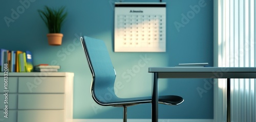 Artistic 3D render of an absence management scene with an empty chair and schedule.
