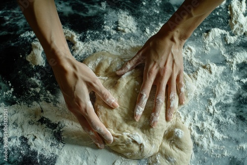 Hands Kneading Dough on Floury Surface photo