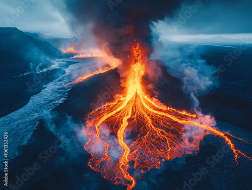 a dramatic scene of a volcanic eruption, with lava flowing into the ocean and creating a stunning aurora effect. photo