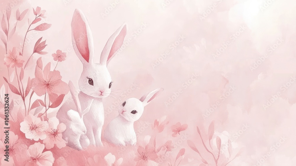 Watercolor illustration of three white bunnies in a field of pink flowers.