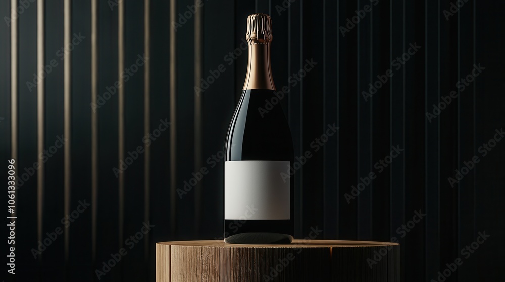 Elegant champagne bottle on a wooden pedestal with a sleek dark striped background.