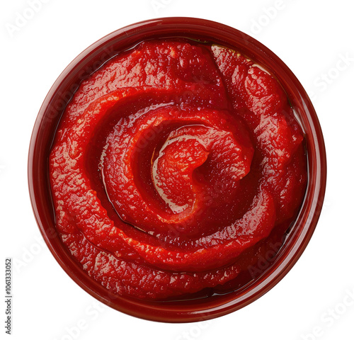 Top view of a bowl with tomato paste isolated on transparent background