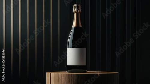 Obraz na płótnie Elegant champagne bottle on a wooden pedestal with a sleek dark striped background. w salonie
