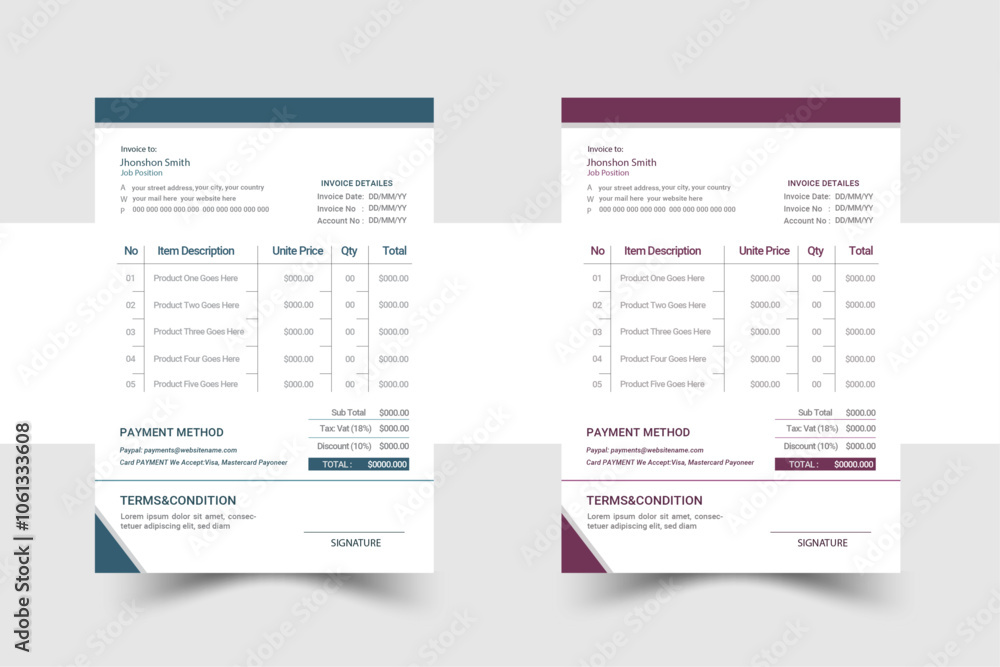Unique and professional Invoice design template for company bill form business invoice. Innovative design, with creative design and creative color. For your business. Unique and professional Invoice design template for company bill form business invoice. Innovative design, with creative design and creative color. For your business.