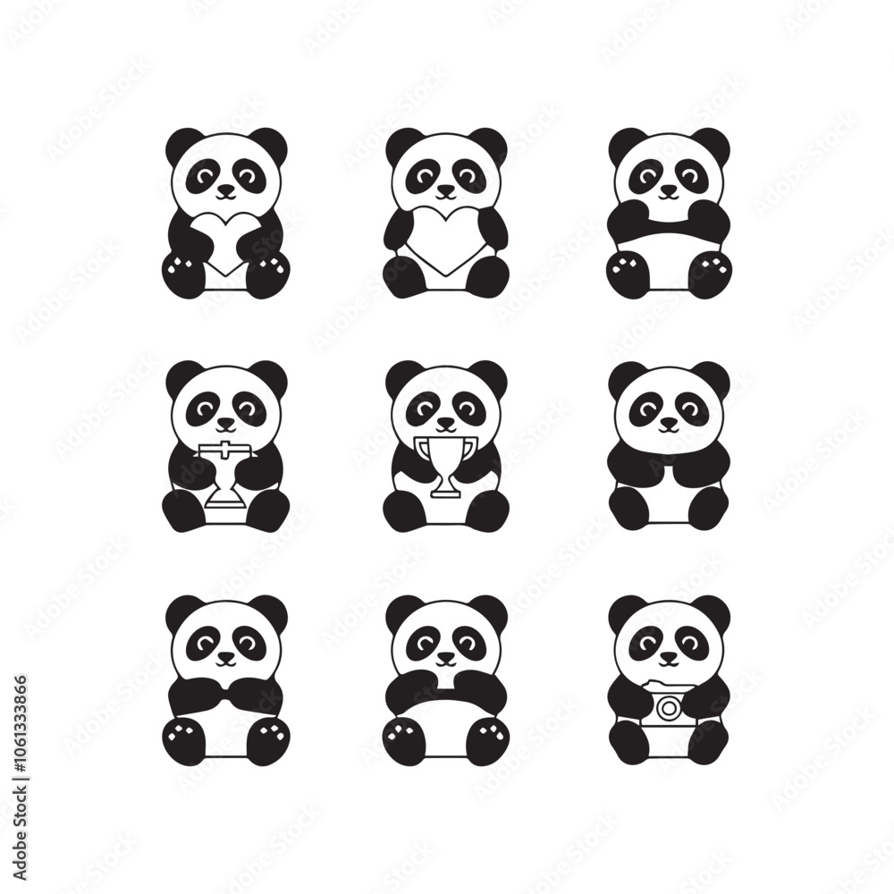 Panda icon set black and white Panda icon set black and white