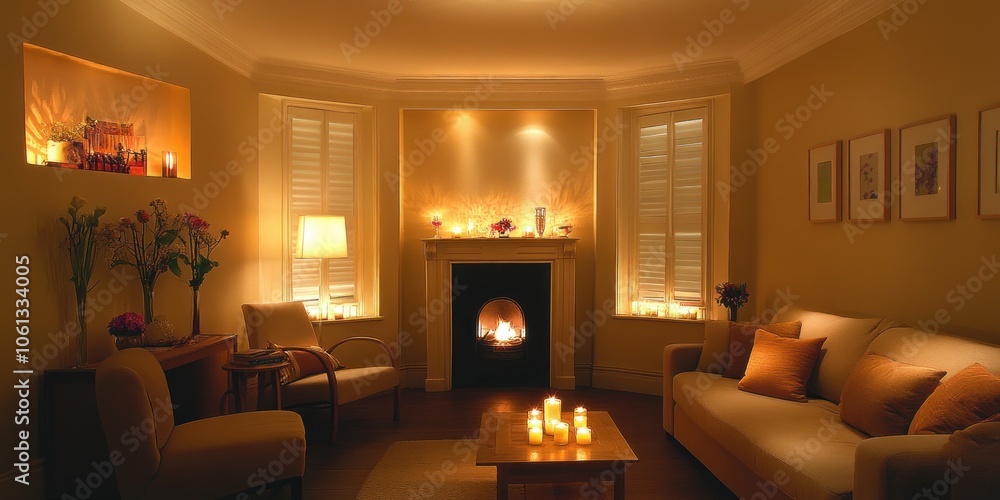 A cozy living room with soft lighting and candles, creating a warm, inviting atmosphere. A cozy living room with soft lighting and candles, creating a warm, inviting atmosphere.