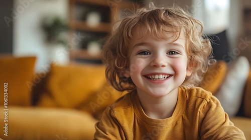 Smiling Caucasian boy with curly hair, glowing in a cozy living room.