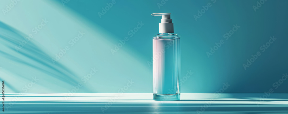 frosted glass bottle with pump, filled with clear gel, stands against turquoise background, casting soft shadows. design is modern and elegant, perfect for skincare products frosted glass bottle with pump, filled with clear gel, stands against turquoise background, casting soft shadows. design is modern and elegant, perfect for skincare products