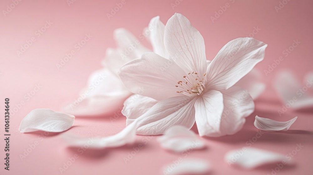 Delicate white flower with petals arranged on a soft pink background, creating a beautiful and artistic floral composition. Elegant design. Delicate white flower with petals arranged on a soft pink background, creating a beautiful and artistic floral composition. Elegant design.