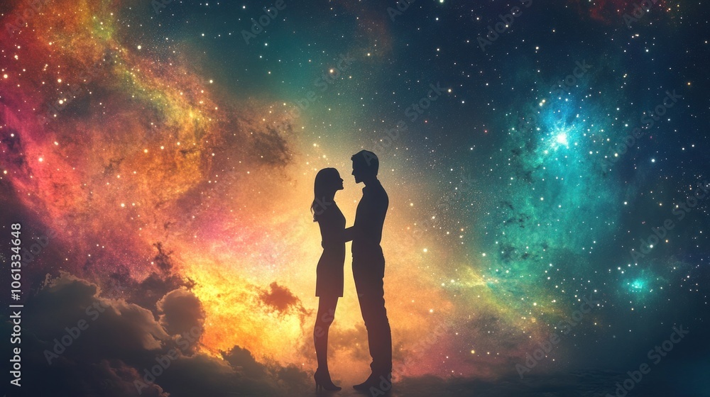 Romantic silhouettes under starry sky with cosmic swirl. Romantic silhouettes under starry sky with cosmic swirl.