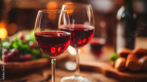 Two elegant glasses of red wine with a rustic table setting.