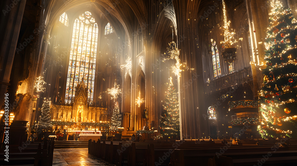 A Christmas Day service in a grand cathedral with sunlight illuminating the altar and stained glass windows. A Christmas Day service in a grand cathedral with sunlight illuminating the altar and stained glass windows.