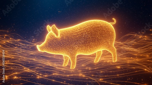 Glowing Pig Illustration with Bright Light Effects