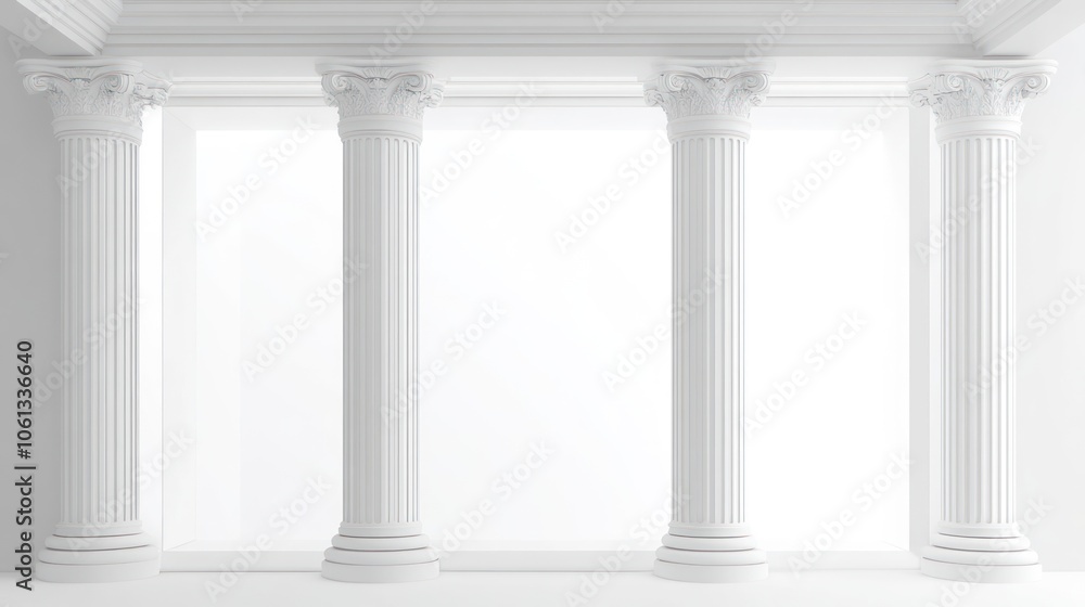Fototapeta premium A minimalist interior featuring four white columns against a bright background.