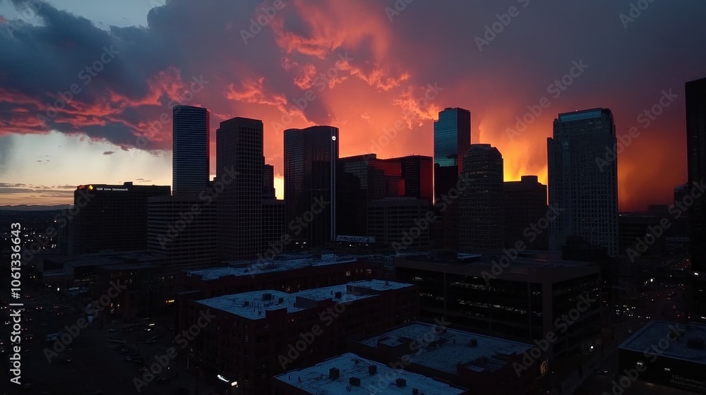 Fototapeta premium Vibrant Cityscape at Sunset: Skyscrapers Silhouetted Against Fiery Sky