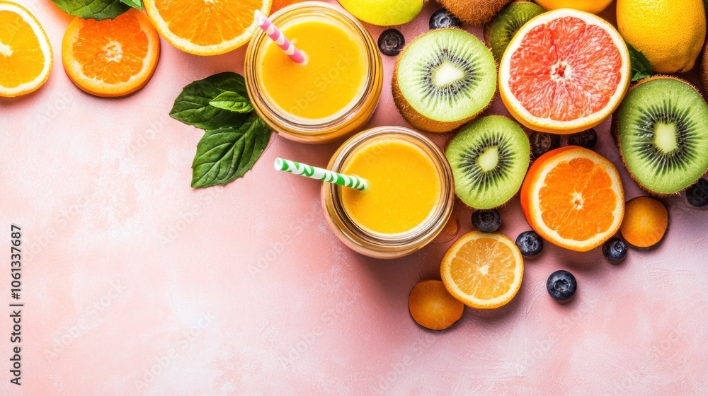 Freshly Made Orange and Kiwi Smoothies with Fruit Garnish Freshly Made Orange and Kiwi Smoothies with Fruit Garnish