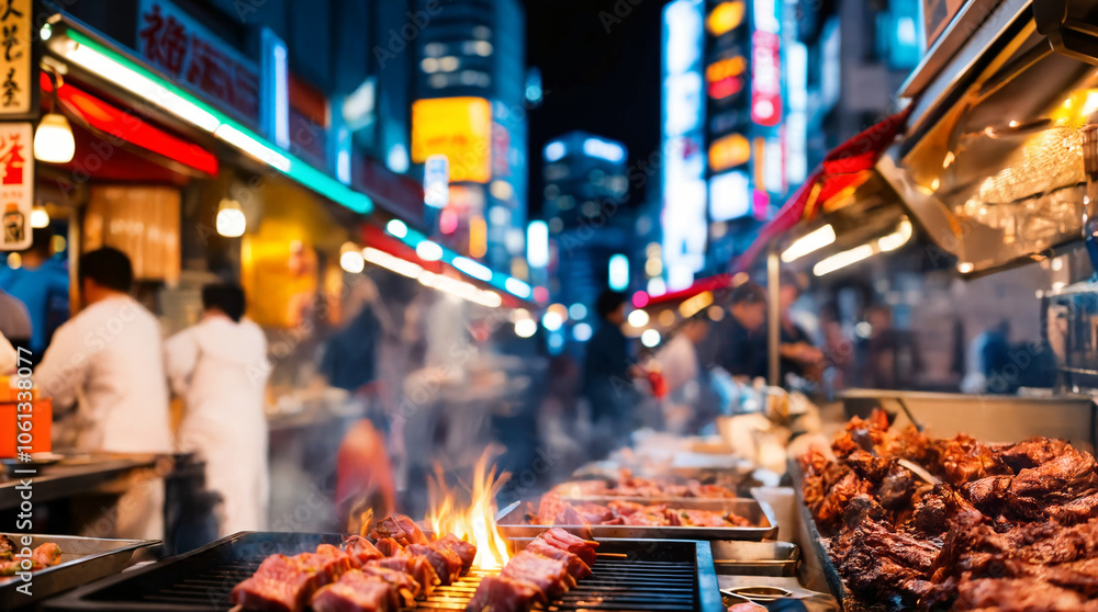 Naklejka premium Tokyo Night Market Street Food: Grilled Japanese Cuisine & Vibrant City Lights