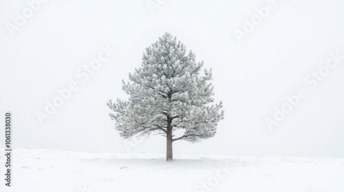 A solitary tree stands in a snowy landscape, surrounded by a misty, white atmosphere.